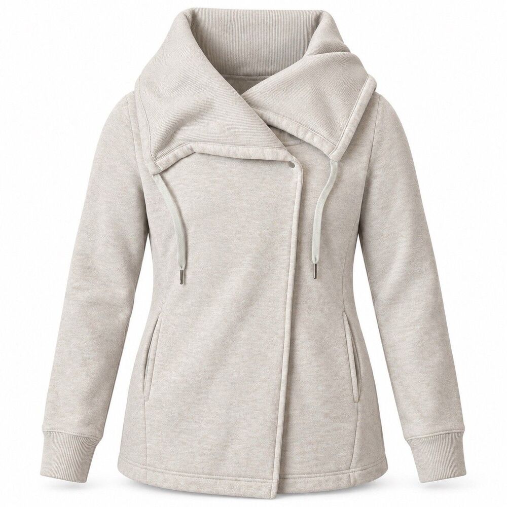Zella Womens Small Oatmeal Asymmetrical Wrap Jacket Cowl Neck Fleece Snap